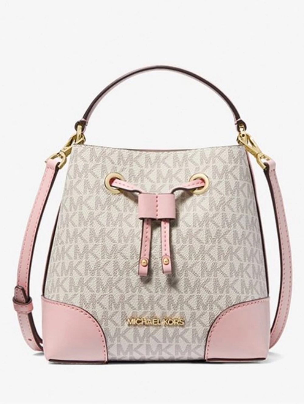 Michael Kors Signature Logo Mercer Small Drawstring Bucket Bag with Pink Trim